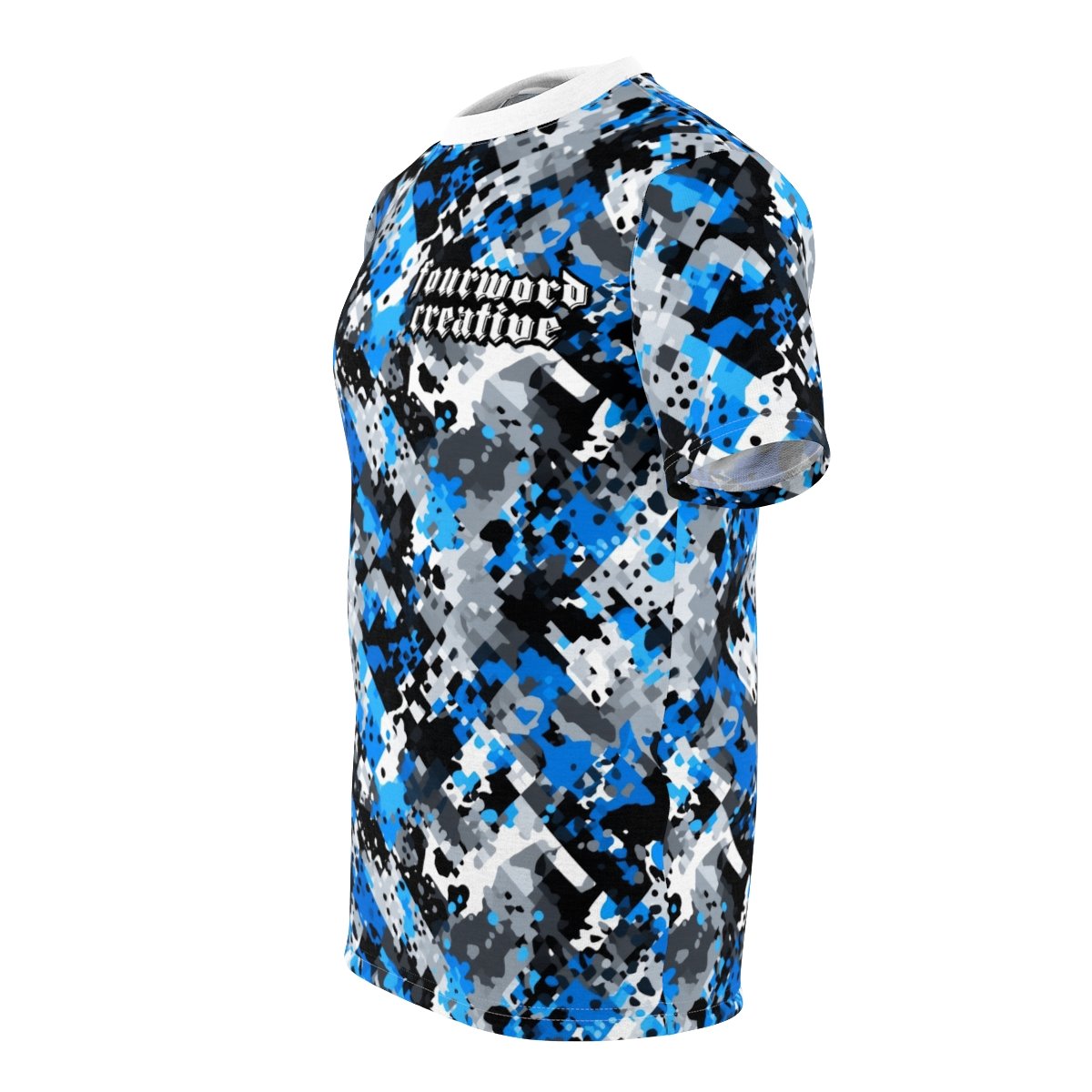 FOURWORD CREATIVE - Amazing Blue Digi Splatter Camo - Unisex Cut & Sew Tee (AOP) - Image 3