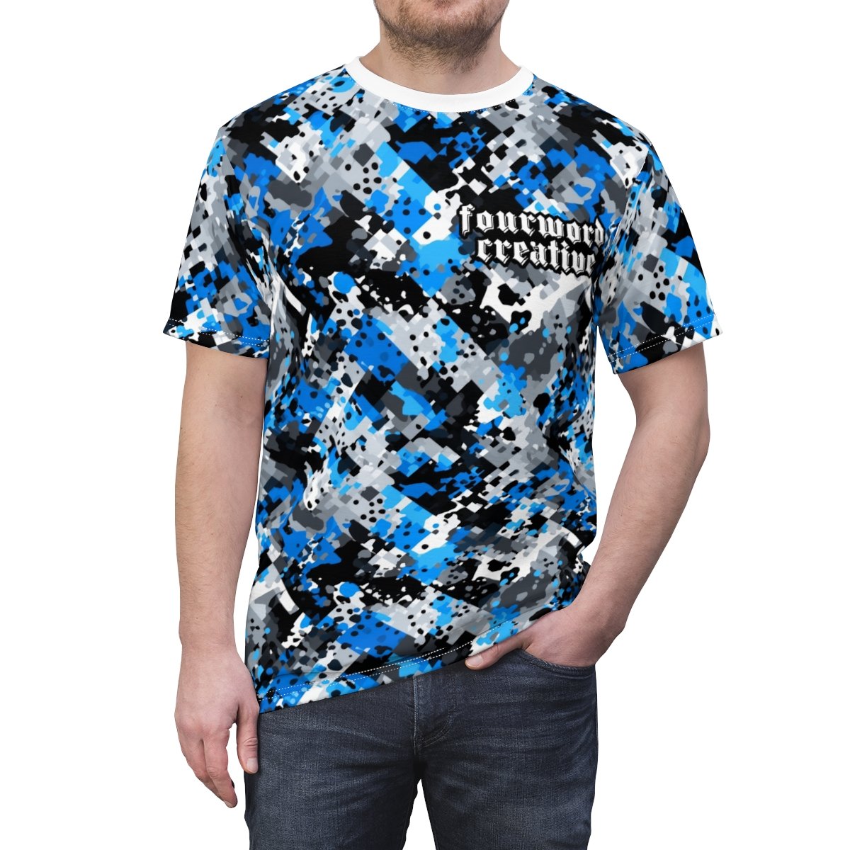 FOURWORD CREATIVE - Amazing Blue Digi Splatter Camo - Unisex Cut & Sew Tee (AOP) - Image 5
