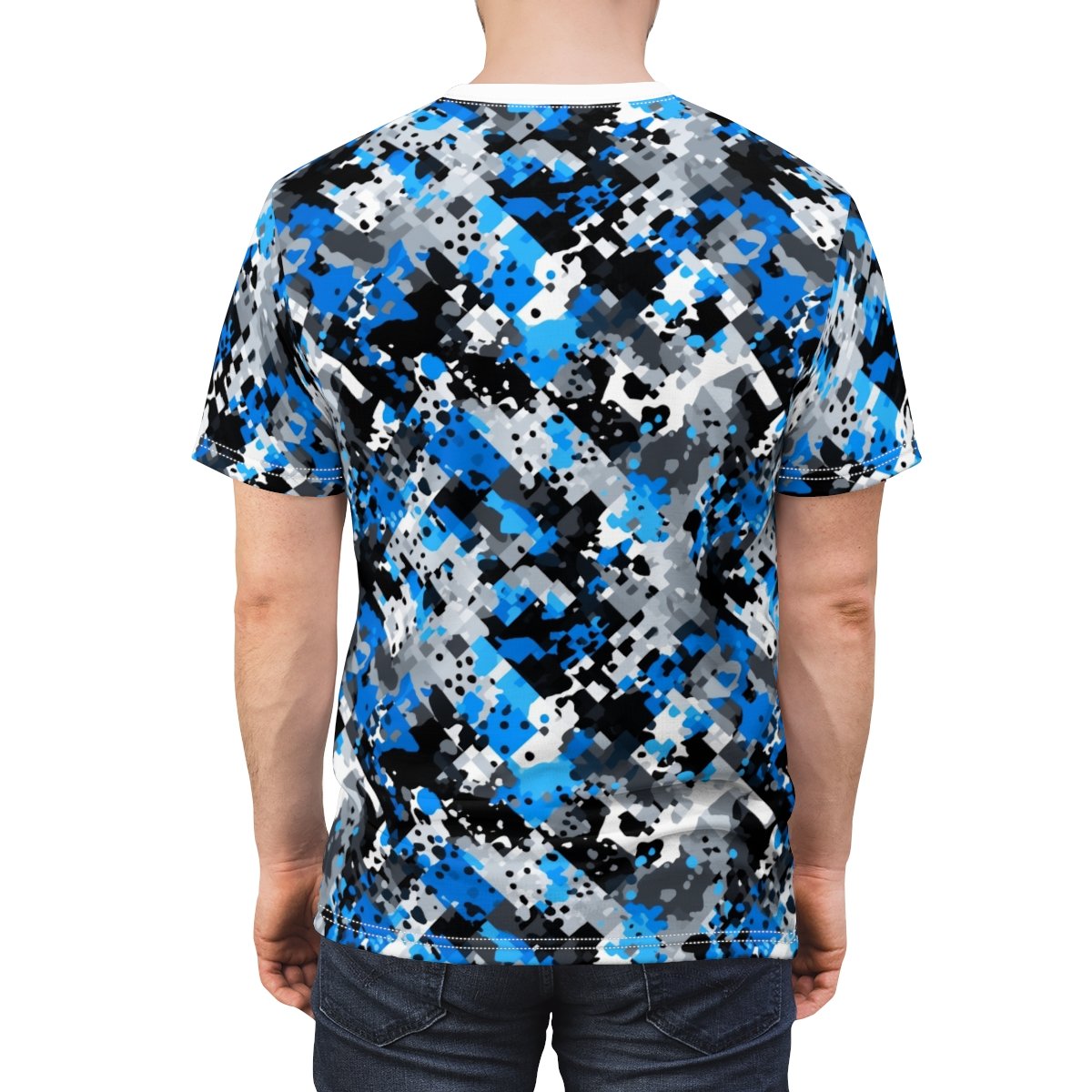 FOURWORD CREATIVE - Amazing Blue Digi Splatter Camo - Unisex Cut & Sew Tee (AOP) - Image 6