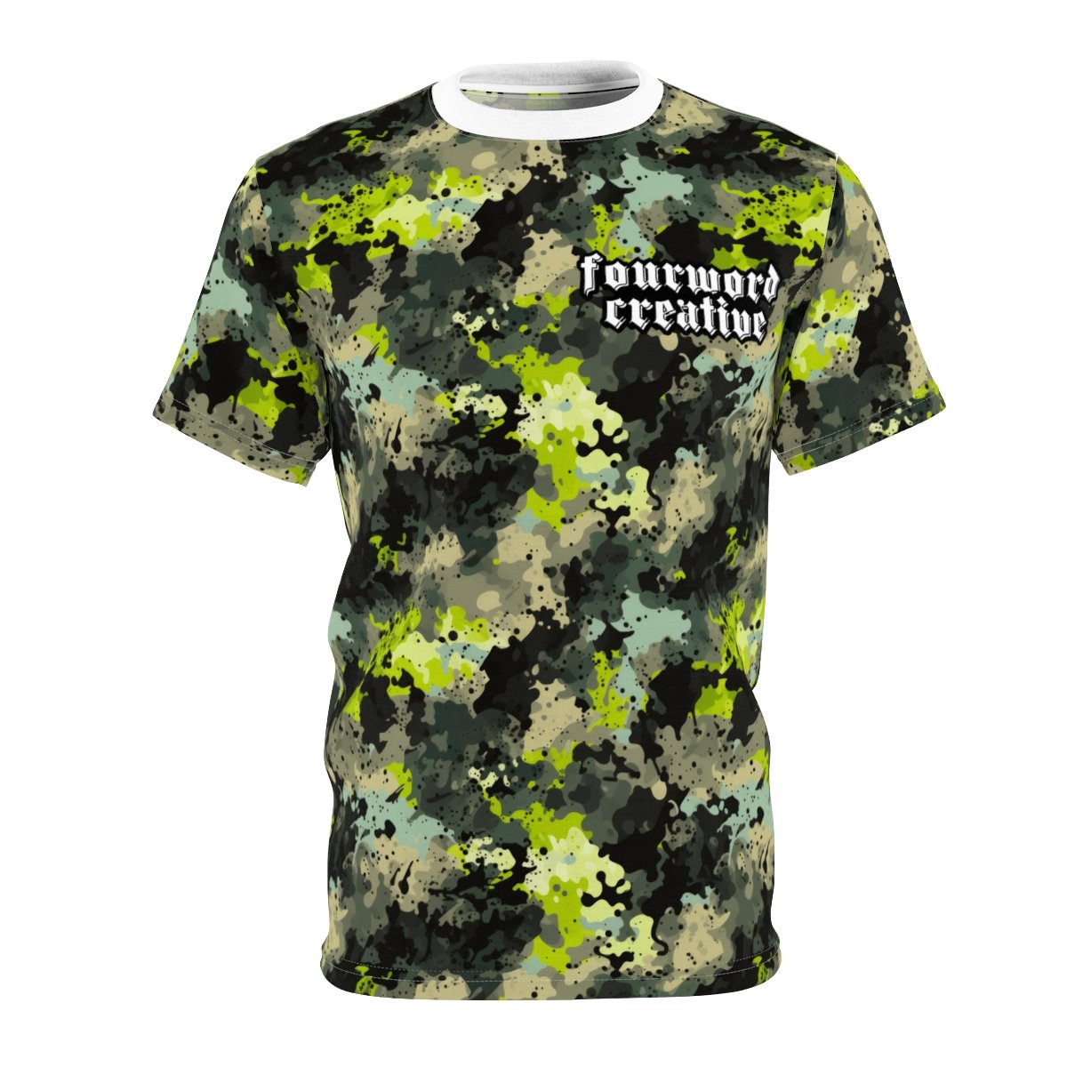 FOURWORD CREATIVE - Dark Green and Black Digi Splatter Camo - Unisex Cut & Sew Tee (AOP)