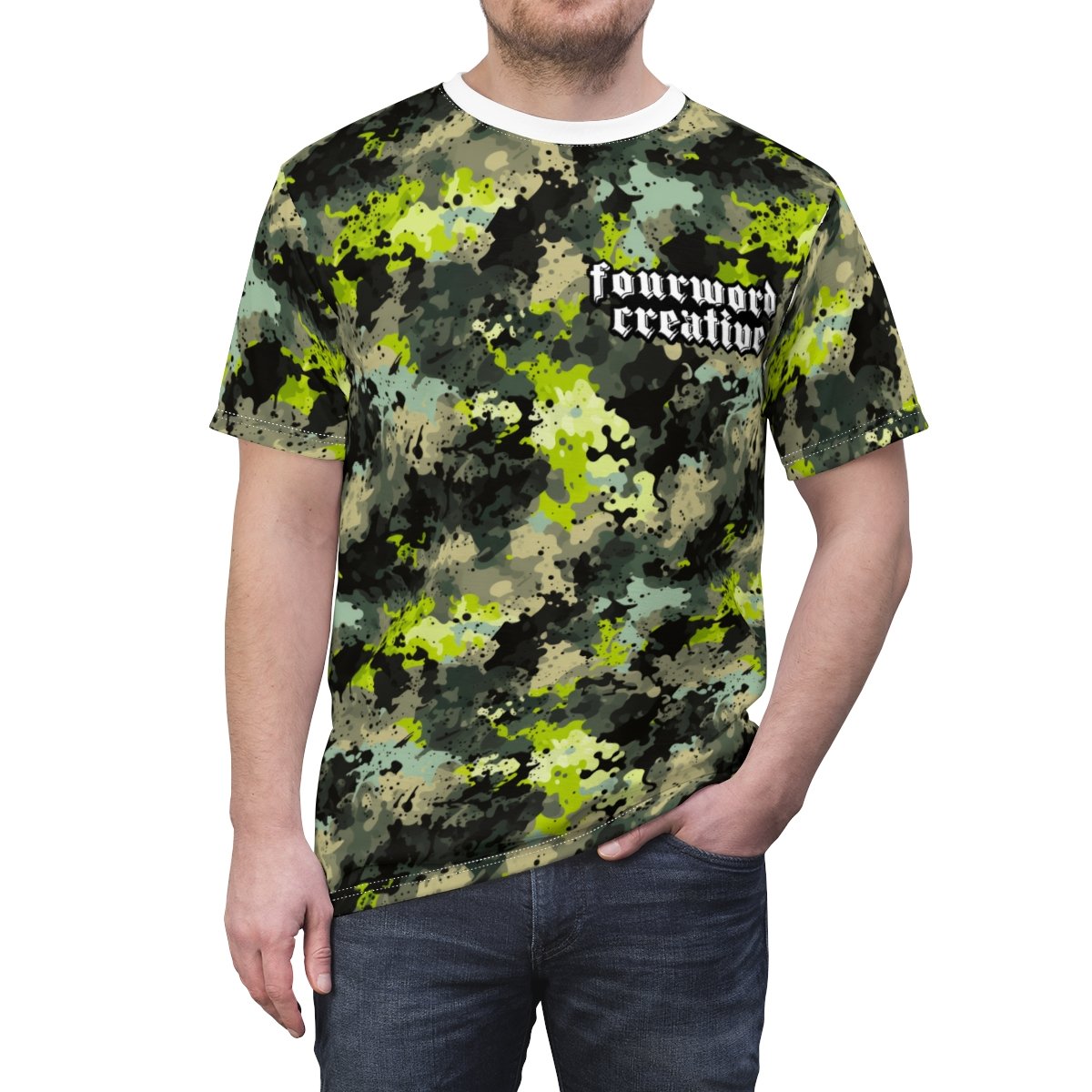 FOURWORD CREATIVE - Dark Green and Black Digi Splatter Camo - Unisex Cut & Sew Tee (AOP) - Image 5