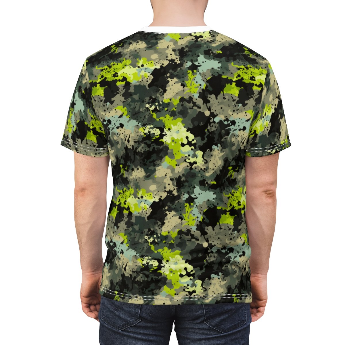 FOURWORD CREATIVE - Dark Green and Black Digi Splatter Camo - Unisex Cut & Sew Tee (AOP) - Image 6