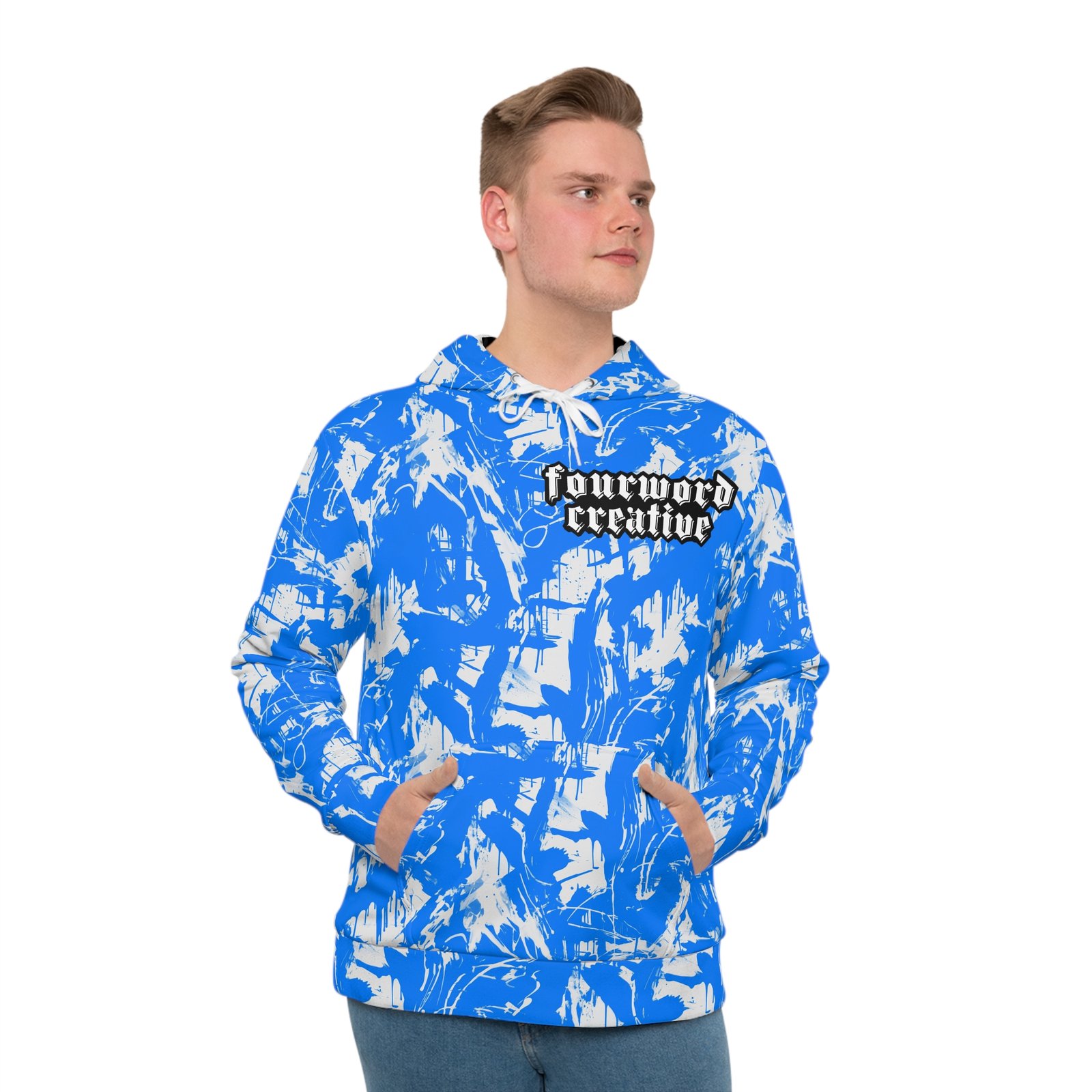 Light Blue Paint Splatter Graffiti - FOURWORD CREATIVE - Men's Hoodie (AOP) - Image 3