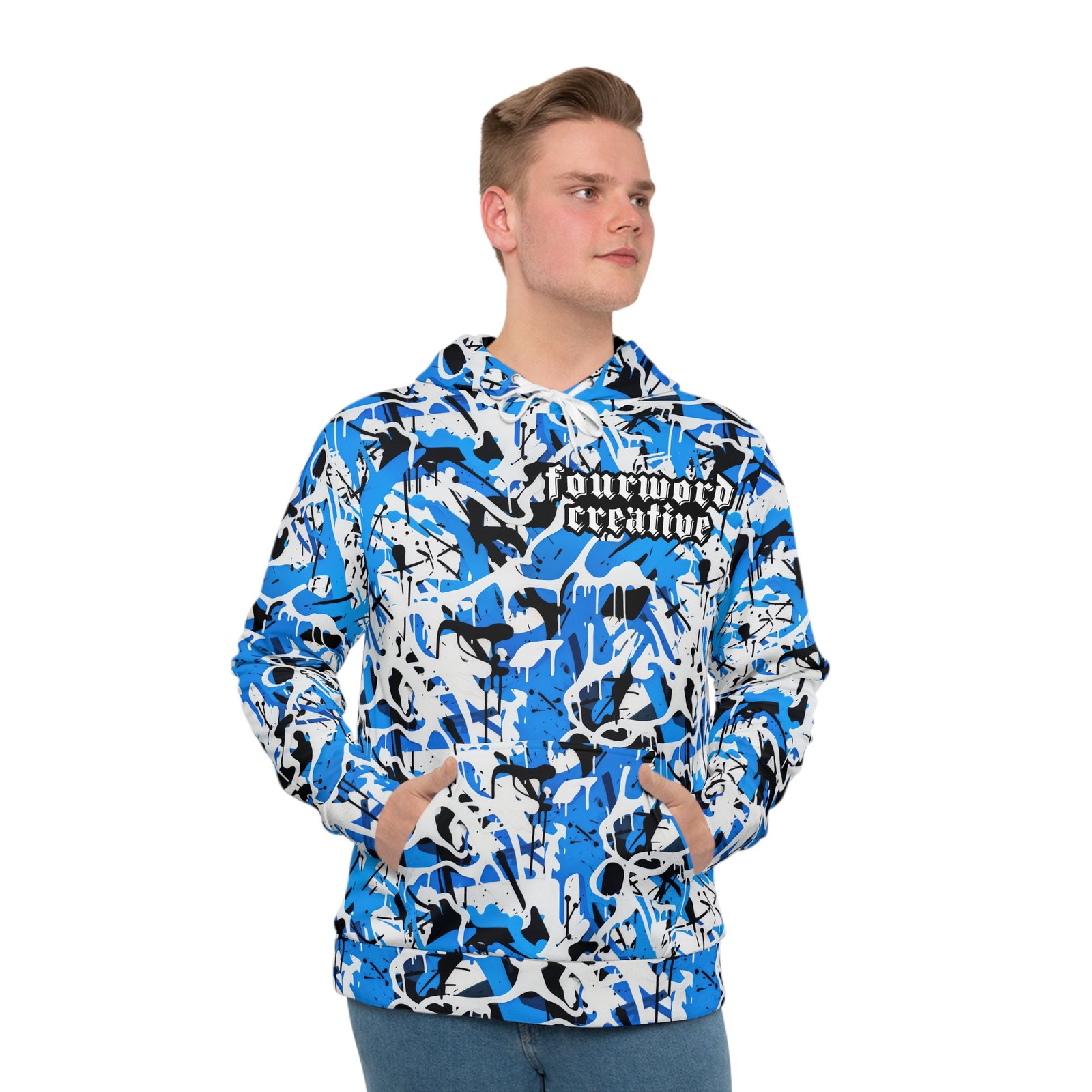 Blue High Contrast Splatter Camo - FOURWORD CREATIVE - Men's Hoodie (AOP) - Image 3